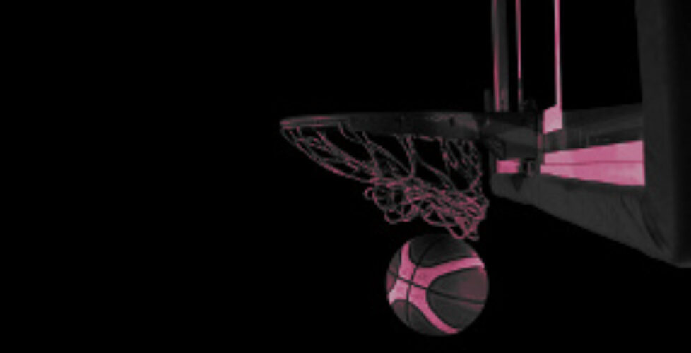 Basketball ball, board and net on black background in gym indoor